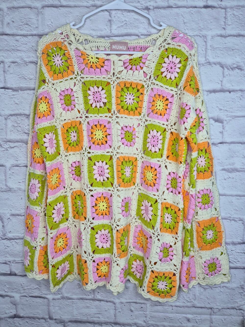 Show Me Your MuMu Crochet Granny Square Sweater in Cream, Pink, Green, Orange